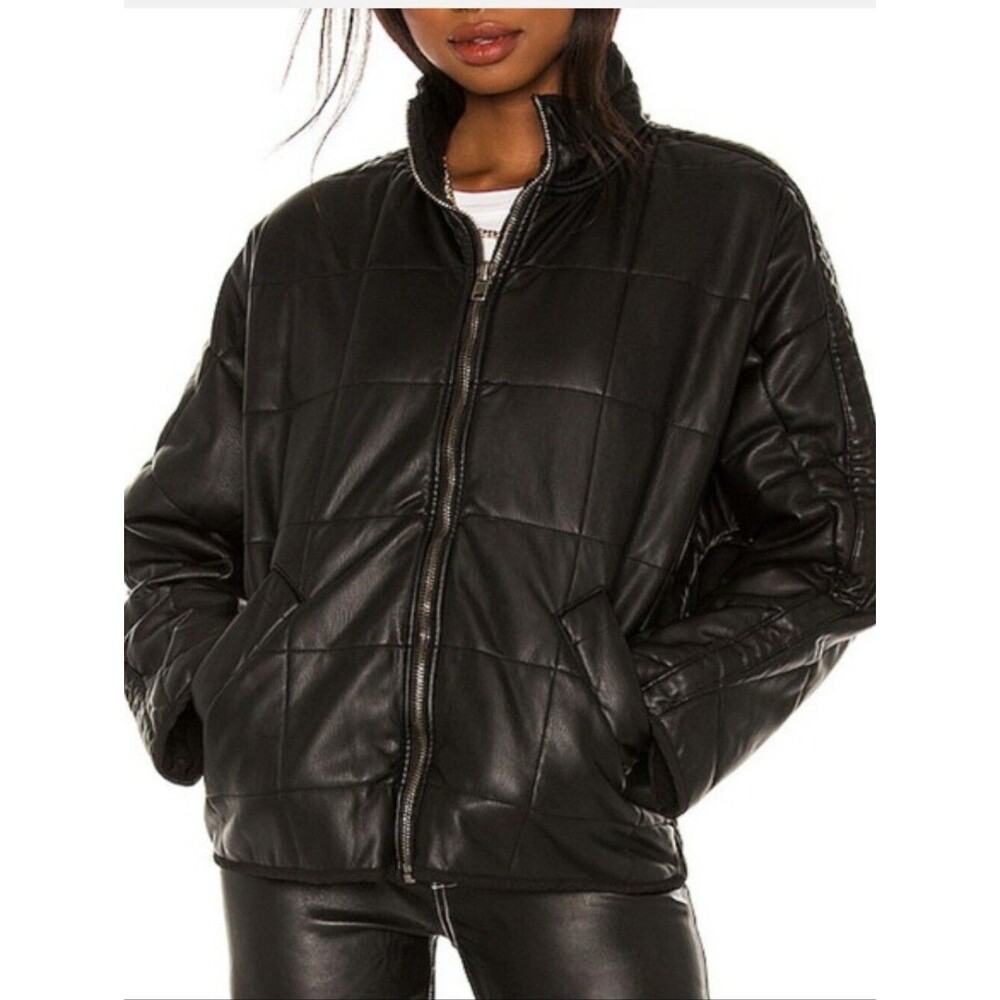 Free People We The Free Dolman Quilted Black Vegan Leather Zip Jacket xl NWT